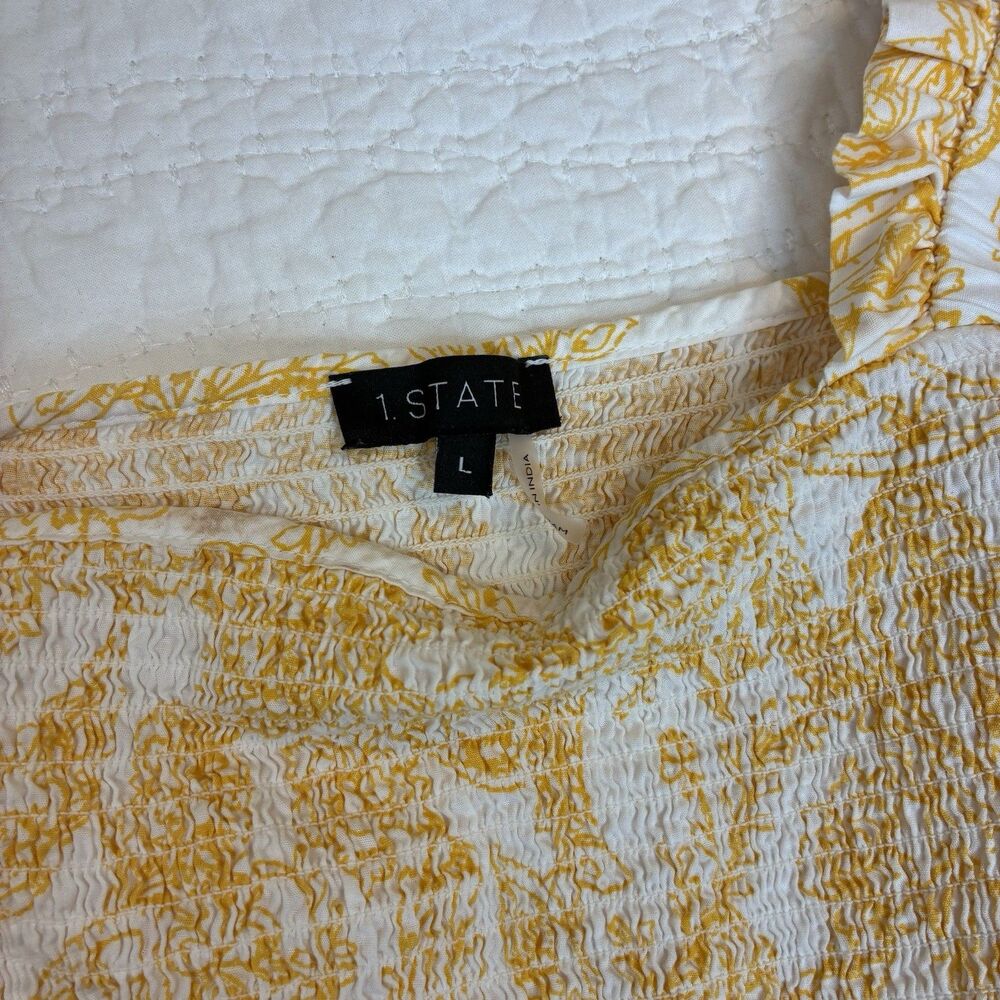 Smocked 100% Cotton Dress Size Large Yellow Floral Puff Sleeve Garden Cottage - Picture 5 of 6